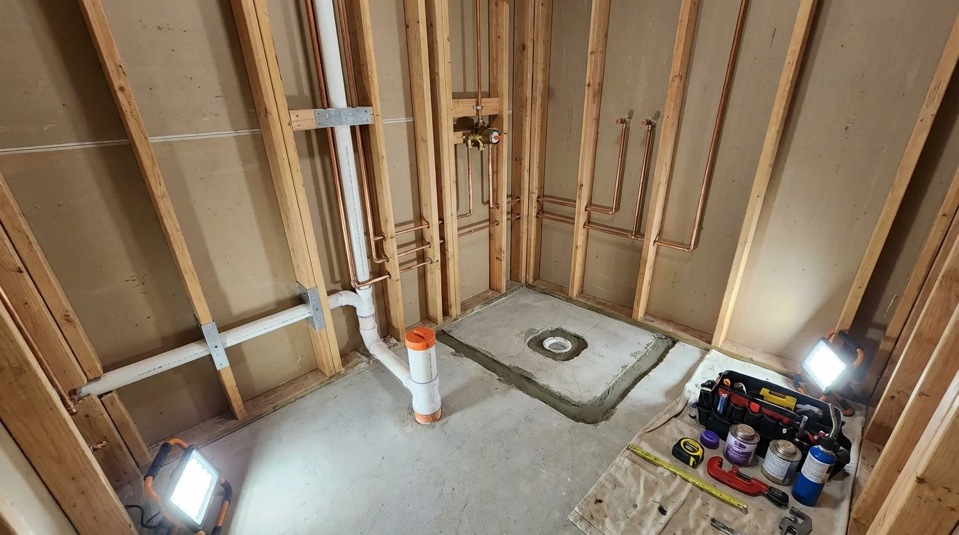 Bathroom rough-in plumbing during remodel by Johns Plumbing LLC in Saint Clair