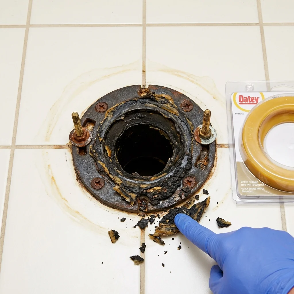Failed wax ring showing water seepage at the base of a toilet in a Saint Clair, PA home