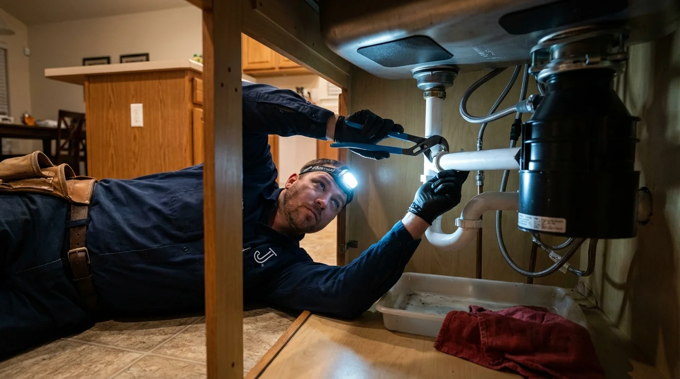 P-trap and supply line connections under a kitchen sink showing a common leak point in Saint Clair, PA